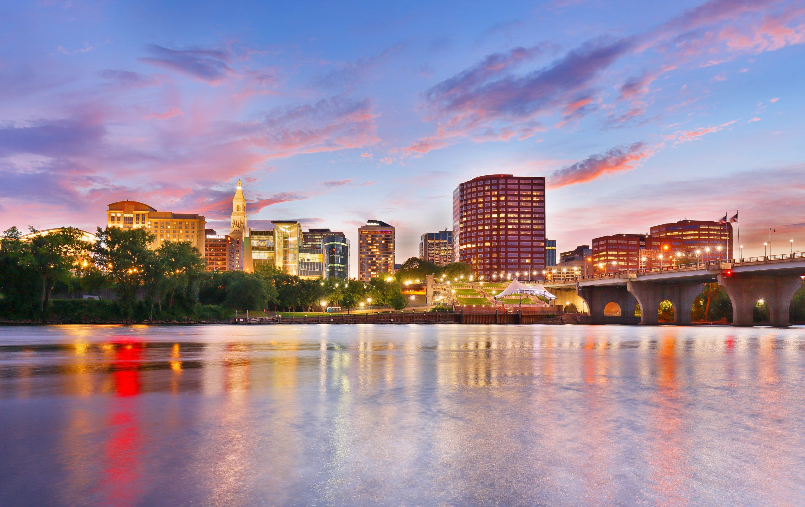 view of Hartford, Connecticut city skyline by water front