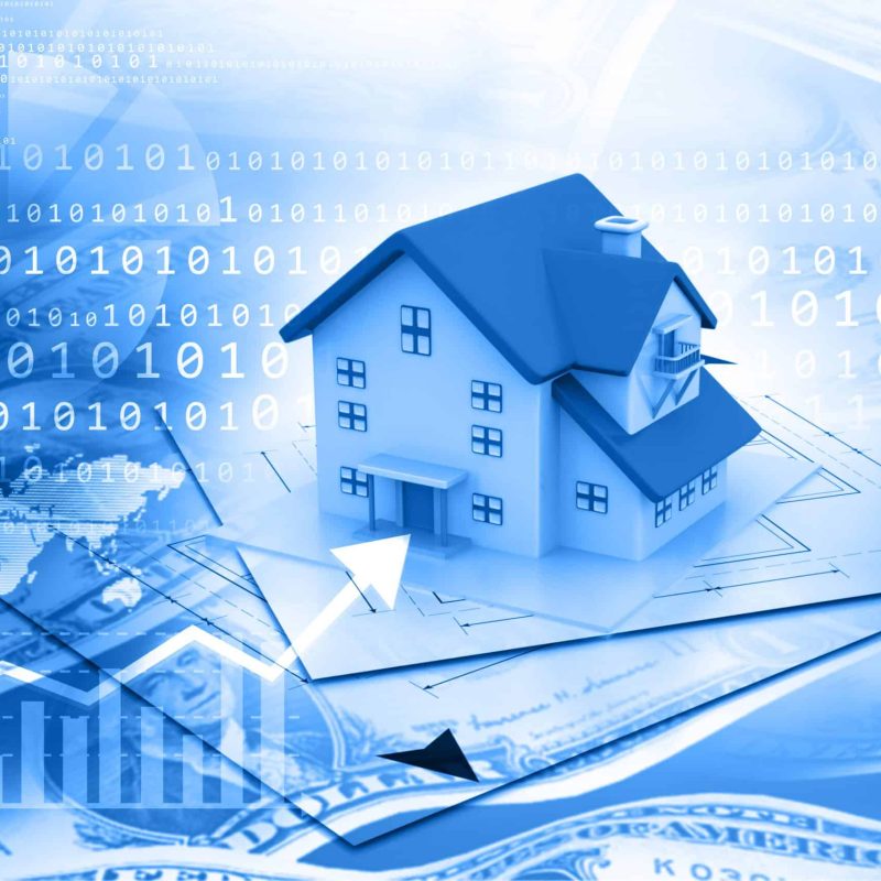 graphic showing a family home with sales numbers and charts overlayed in blue
